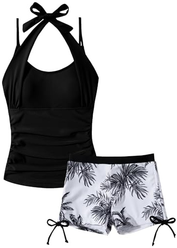 Teenage Girl Summer Drawstring Tankini Set Tropical Print Padded Bathing Suit Top Shirt with Swim Bottom Halterneck Adjustable Straps Swimsuit Two Piece Modest Swimwear Black 15-16Y