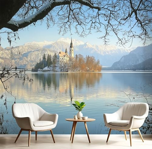 MIATCENRT Papier Peint Panoramique 450x315cm (L×H), Île Église Papier Peint Tissu De Soie, 3D Effet Décoration Murale Poster, Hiver Paysage Tableaux Muraux Photo Trompe L'Oeil Ornament