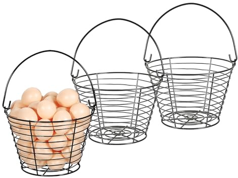 OGANAZI 3 cestini per uova in filo, rotondi, in metallo, colore nero, con maniglia per il trasporto, per la cucina, piccolo e moderno cestino per il pane, multiuso