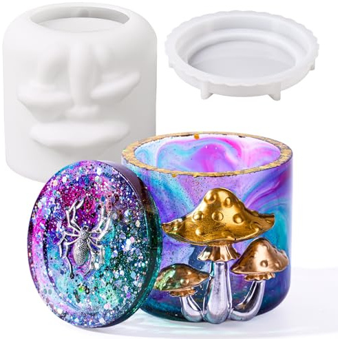 Epoxy Resin Jar Molds Mushroom Canister Silicone Molds with Lid for Epoxy Resin Casting Silicone Mould DIY Jewelry Organizer Trinket Storage Box Candy Container Candle Jar Flowerpot Cement Crafts Mold