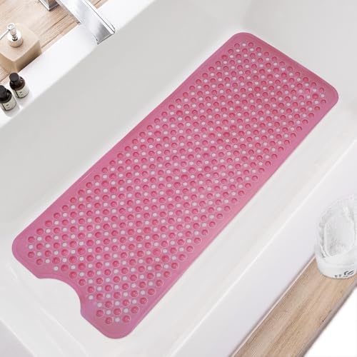TEESHLY Bath Tub and Shower Mats, Non Slip 40 x 16 Inch Extra Large Bathtub Mat, Machine Washable Bathmat with Drain Holes, Suction Cups for Bathroom Floor (Burgundy (Translucent))