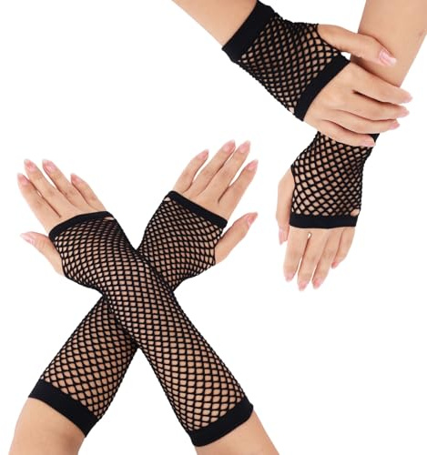 Mikovivi 2 Paar Netzhandschuhe fingerlos für Damen, Lang und Kurz Netz-Armstulpen 80er Jahre Kostüm Outfits Zubehör Goth Punk Emo-Stil Partyhandschuhe (Schwarz)