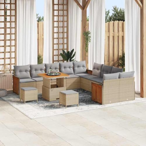 Qnhdfrt 4-Sitzer Gartensofa aus Natur Rattan in Beige und Hellgrau mit Kissen, Modernes Design für Garten und Terrasse, UV-beständig und wasserfest