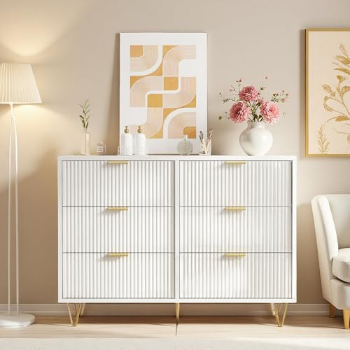 Aneutr Kommode mit 6 Schubladen, Moderne Kommode Weiß Schlafzimmer, Sideboard Komodenschrank Schubladenschrank für Wohnzimmer, Flur, Kinderzimmer (Weiß, 100 x 34 x 73 cm)