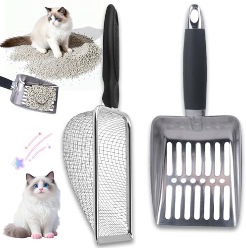 aieieii 2 Pcs Cat Litter Scoops, Cat Litter Scoop with Holder Pooper Scoopers, Litters Sifter Litters Cleaning Tool Mesh Shovel, Clean Fast Sifting Pooper Scooper Cats with Comfy Handle