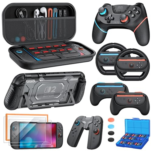 Switch 2 Pro Controller Accessories Bundle for Nintendo, 17-in-1 Kit | Carry Case,Wireless Controller,Steering Wheels,Grips for JoyCon,Protective Case for Nintendo Switch 2 Console with Ergo Grips
