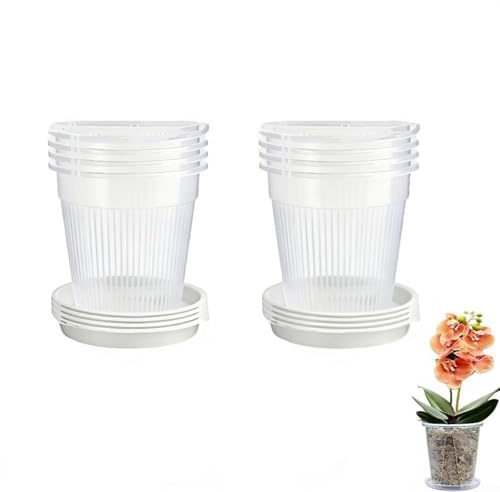 Kivivaka Lot de 8 pots à orchidée transparents avec plateaux de drainage, pots en plastique respirant pour une croissance saine des racines, 14 cm et 16 cm (14 cm)