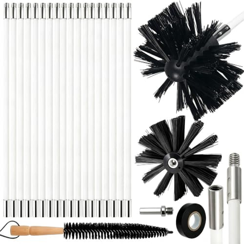 24Pcs Chimney Cleaning Brush Sweep Kit – 18 Flexible Nylon Rods, 2x 4 Brush Head, Wood Long Brush and Storage Bag, Hex Adapter, Duct Vent Cleaning Set for Flue/Fireplace/Sewage Pipe/Fume Hood