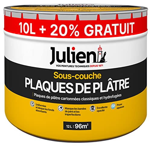 Julien Peinture Sous-Couche - Plaques de Plâtre Cartonnées - Blanc Mat 10L + 20% Gratuit
