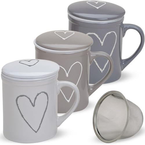 Süße Teetassen mit Teesieb 3er Set in weiß, beige, grau mit Herzen - Tassenset mit Deckel und Sieb aus Porzellan für 300ml - Tassen mit Henkel spülmaschinenfest und mikrowellengeeignet als Geschenk