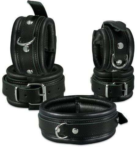 BDSM Bondage Set echtes Leder, Fesselset gepolstert, schwarz | Top Qualität, Mit Leder Handfesseln, Leder Fußfesseln und einem Leder Halsband