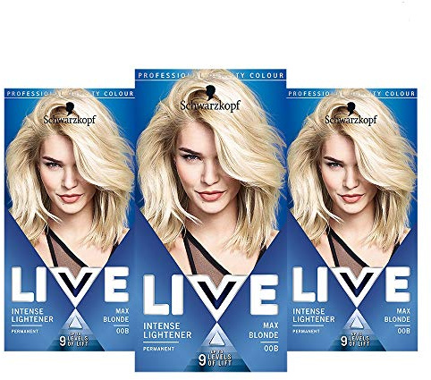 Schwarzkopf Live Intense Blond Lightener, 3-pack permanent ljusfärg med anti-gulning, 00B Max blond