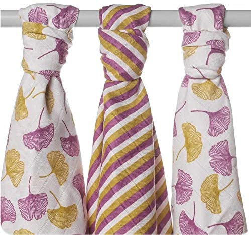 xkko Mullwindeln Muslin 70x70 cm Bio-Baumwolle 3er-Set (Ginkgo)