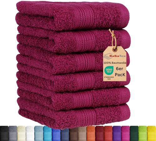 BaSaTex 6er Pack Handtuch Set für Gäste Handtücher Baumwolle Öko-Tex | Handtücher mit Aufhängeschlaufe, Gästetücher für die Händereinigung, Bordeaux, Aufhängeschlaufe