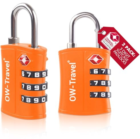 OW-Travel TSA Lås Bagagelås (Orange 2-pack) i ABS-plast 3-siffrig Kod TSA Lock Luggage Lock Ryggsäck Hänglås, Resväska Lås, Kombinationslås, Gymskåp, Hänglås resväska, Suitcase Padlock
