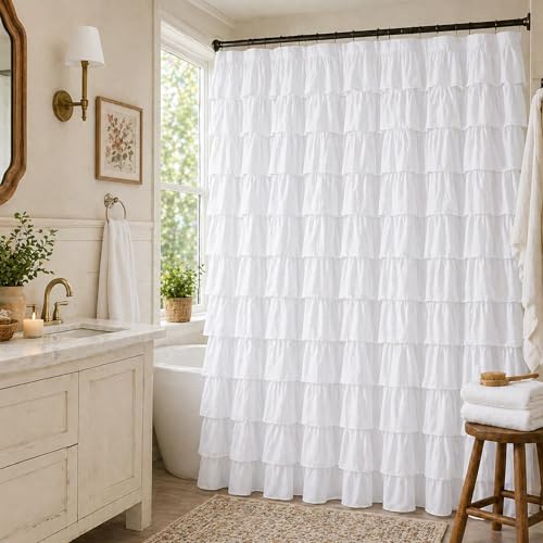 WestWeir Ruffle Shower Curtain,84-inches Extra Long,White Ruffled Bath Curtains for Bathroom,Fabric Farmhouse Decor,Soft Touch Decorative Cloth Texture,(L84xW72 inch,1 Panel)