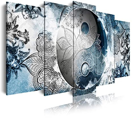 DekoArte 555 - Impression Sur Toile Moderne 5 Pièces 150x80 cm | Toile Décorative Pour Votre Salon Ou Votre Chambre | Style Abstrait Ying Yang Zen Couleurs Bleu Argent
