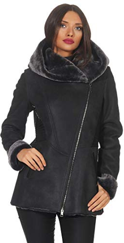 Hollert Damen Lammfelljacke Lena Winterjacke aus Merino Schaffell Echtleder mit Kapuze