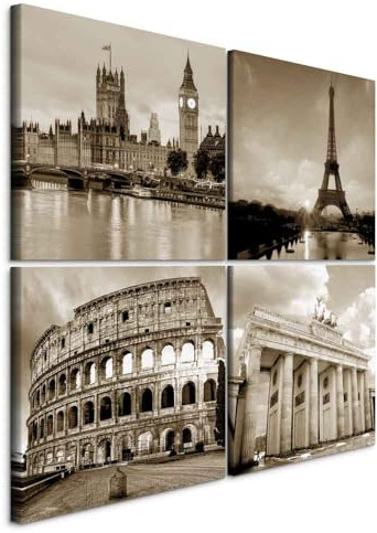 B&D XXL - Wandbilder Set Stadt 60x60 cm 4 Teilig je 30x30 Vlies Leinwandbild Kunstdruck modern Wandbilder XXL Wanddekoration Design Wand Bild mehrteilig - City Paris London Berlin sepia
