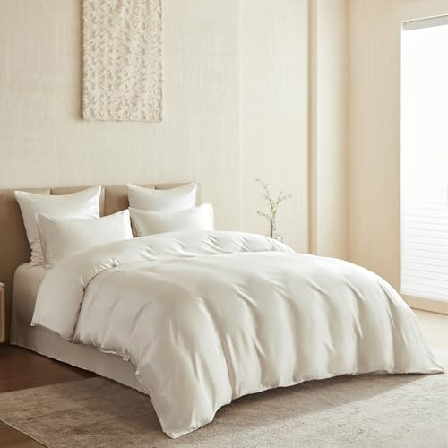 Mulberry Park 100% Mulberry Silk Duvet Cover - Oeko-Tex Certified, Gentle on Hair and Skin, Zipper Closure - Full/Queen (92 x 96), Off-White Ivory
