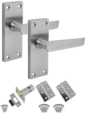 Golden Grace 1 Set of Victorian Straight Latch Door Handles Satin Brushed Chrome Hinges & Latches Pack Sets 120mm Long x 40mm Wide Backplate