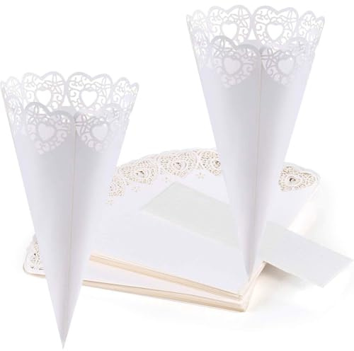 ZOOMPIL Hochzeits-Konfetti-Kegel Papierkegel Hochzeitsdekoration Hohles Herzmuster Konfetti-Spitzen-Papierkegel für Party-Hochzeitsbevorzugung mit doppelseitigen Aufklebern Weiß