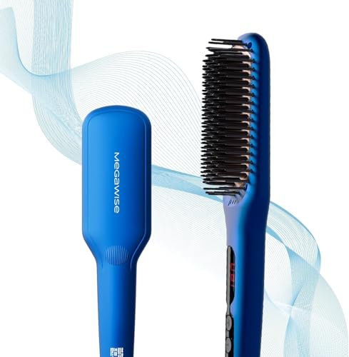 Cepillo alisador de pelo iónico de cerámica MEGAWISE Pro, 20 segundos de calor, apagado automático, voltaje dual, antiescaldaduras, cable giratorio (azul genciana)