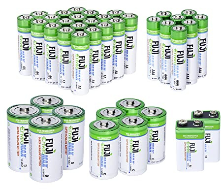 Fuji Enviromax Super Alkaline Batteries Combo Pack - Containing AA, AAA, C, D, 9V Batteries with Case - Long Lasting Battery Power with No Harmful PVC or Heavy Metals Used