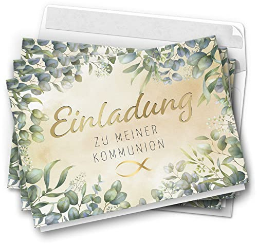 10 Einladungskarten Kommunion - Motiv Eukalyptus modern - moderne Klappkarten mit Umschlägen - Einladungen zu Kommunionsfeier Einladung Karten
