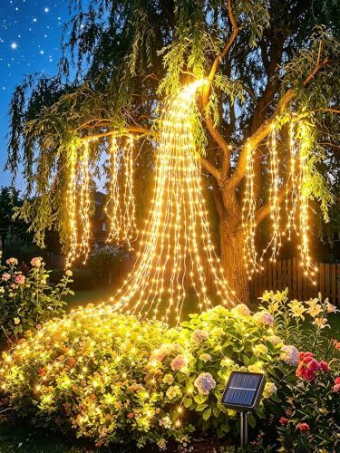 Dekofun Solar Lichterschweif, 2M 200 LED Lichterbündel, Warmweiß | Wasserfall Lichterkette mit Timer & 8 Modi, IP65 Wasserdicht für Gießkanne Pflanzen Tisch Terrasse Wand Garten Zelt, Balkon