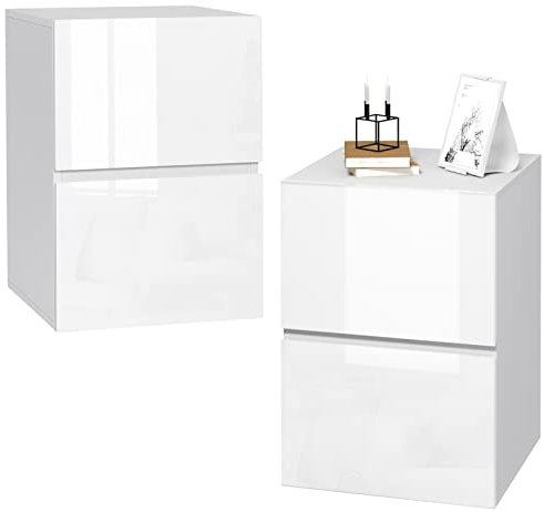 EUGAD 2er Set Nachttisch weiß, Nachtschrank mit 2 Schubladen in Hochglanz, Moderne Nachtkommode für Boxspringbett, Beistelltisch Ablagetisch für Schlafzimmer Wohnzimmer, 40x58x40 cm, 0182ZZ-2