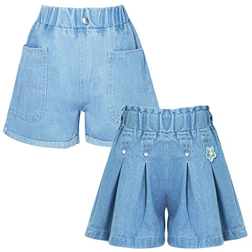 Happy Cherry Kinder Sommer Shorts 2 Stück Mädchen Pull-On Jeansshorts Elastic Waistband Shorts Casual Baumwolle Denim Shorts Weicher Komfort Shorts 140