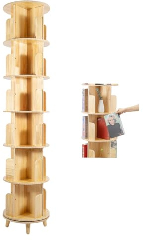 Esyogen Rotating Bookshelf Cylindrical Wooden Book Rack 6 Tier Plants Storage Display Holder Stand 360° Rotating Floor Standing Shelf For Storing Books, Precious Souvenirs, Displays
