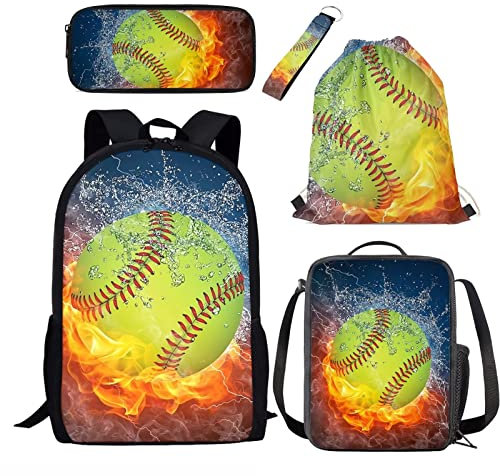 Belidome 5-teiliges Kinder-Rucksack-Set, Büchertasche, Lunch-Tasche, Federmäppchen, Schlüsselanhänger, Kordelzug, Rucksack, Feuer- und Wasser-Softball, Einheitsgröße, Kinderrucksack