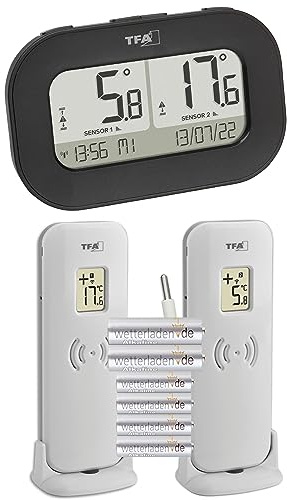 TFA Dostmann Digitales Funk-Thermometer Double-Check, 30.3073.01, mit 2 Sendern (Temperatursender + wasserdichter Kabelfühler), Max.-Min.-Werte, Alarm, Aufzeichnung (schwarz mit Batterien)