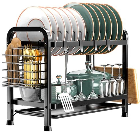 Astoryou Abtropfgestell Geschirr, 2-stufiges Geschirrabtropfgestell Schwarz, Geschirr Abtropfständer Edelstahl mit Utensilienhalter und Abtropfschale Dish Drainer für Trockne die Spüle (41*20*34 cm)
