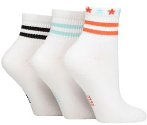 ELLE Women's Half Cushion Socks - Soft Breathable Bamboo Material for Sports, Anklet, Plain with Stripes, Size 4-8, Pack of 3 White Stripe