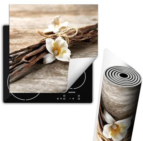 TMK ArtDeko Herdabdeckplatte Einteilig Küche Herdabdeckung Ceranfeld Herdabdeckplatten Anti Rutsch Matte Aufrollbar 60x52 cm, Blume Holz