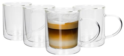 Rink Drink Double Walled Tea Mugs - 360ml - Pack of 4 - Heat Resistant Glass Coffee Mug Latte Glasses Hot Chocolate Mug Cappuccino Cup Tea Glass Mugs with Handles