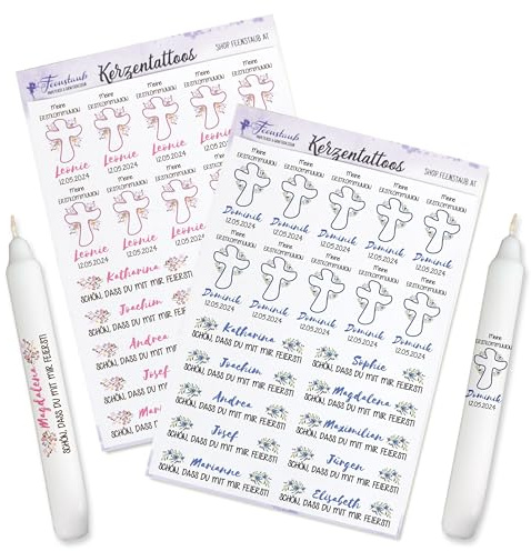 Firmung Kerzentattoos Namen, Kerzenfolie personalisiert mit Namen, Kommunion Gastgeschenk selber machen, Aufkleber für Kerzen Konfirmation, DIY Dekokerze, Give-Aways gestalten, Kreuz Feenstaub