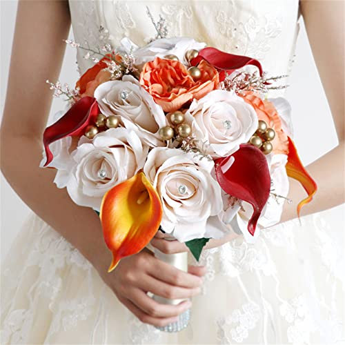 TONZN Bouquet de mariée, Fleurs artificielles, décoration intérieure, Roses artificielles et lys Calla de 11.81 Pouces, Bouquet de cérémonie d'église Fait à la Main