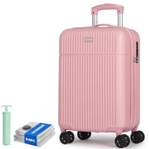 H.yeed Carry on Suitcase ABS Hard Shell Lightweight Small Trolley Travel Cabin Luggage with 4 Double Spinner Wheels TSA Lock for Women, 21 Pink