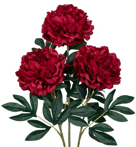 Hollyone 6.3'' Dark Red Peony Artificial Flowers with 29.1'' Long Stem, 3PCS Large Fake Peonies Decorative Faux Flowers for Autumn Decorations, Home, Wedding, Party, Floral Arrangements