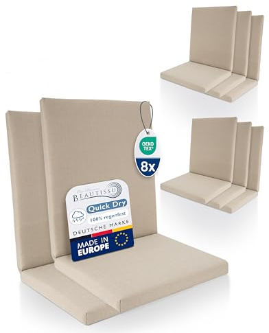 Beautissu Premium Set de 8 Cojínes Sillas Jardin con Respaldo Bajo 100% Impermeable 100x50cm – Cómoda Fácil Cuidar Cojín Silla Exterior para Muebles Jardín – Acolchado Secado Rápido Beige