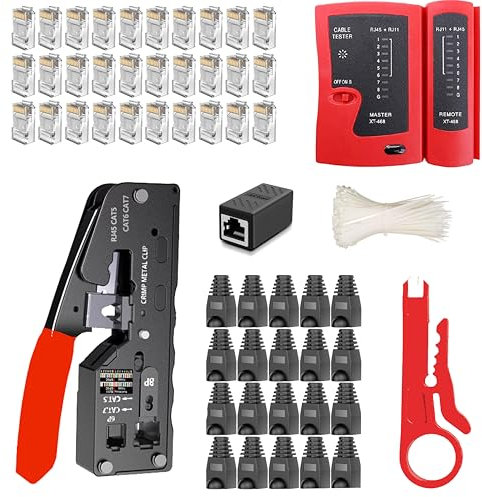 MAYLINE CAT5 CAT6 Network Tool Kits pelacables alicates de RJ45 Comprobador Cable de Red RJ45 4P/6P/8P Profesional Mantenimiento LAN Tester Herramientas de Reparación 50 Conectores (Rojo)