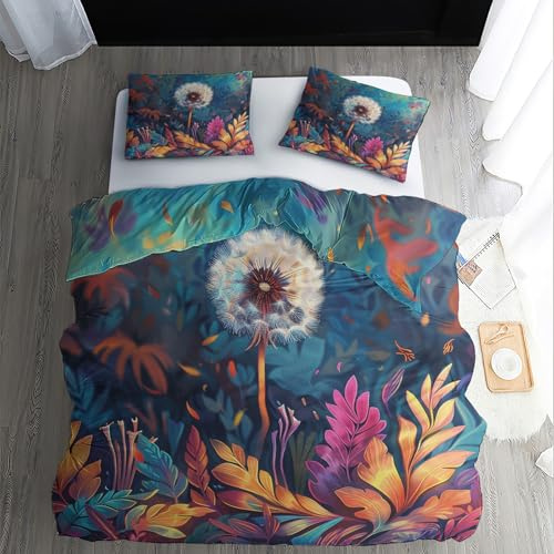 WQIZXCW Pusteblume Bettwäsche 155x200 - Blumen Löwenzahn Motiv, Weiche Angenehme Microfaser Bettbezug Set 2 Teilig, 1 Kissenbezug 80x80, mit Reißverschluss, Wendebettwäsche & Zimmer Deko