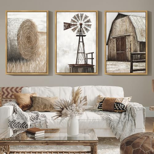 Drsoum Bauernhaus-Wandkunst, Vintage, rustikale Windmühle, Scheune, Kornfeld, Bilder, gerahmt, Gemälde, Landschaft, ländlich, Leinwand, Kunstwerk, Heimdekoration, fertig zum Aufhängen, 61 x 91,4 cm,