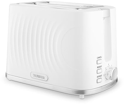 Tower Sonar 2-Slice Toaster with 7 Browning Levels, Defrost, Reheat & Cancel Settings, Removable Crumb Tray, 900W, White, T20090WHT