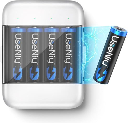 Lithium AA Akku 4 stück mit Ladegerät, wiederaufladbare AA Mignon Akkus, 3000mWh hohe Kapazität 1.5V AA Batterien, Li-ion AA mit Ladegerät, [2 in 1] Ladung-Aufbewahrung
