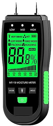 SOFTTO Feuchtigkeitsmesser MT-19 Holzfeuchtemessgerät, Karton-Feuchtigkeitstester, Baum-Hygrometer mit Zwei Pins, LCD-Hintergrundbeleuchtung und Taschenlampe Rasen- und Gartenbewässerungsgeräte(MT19)